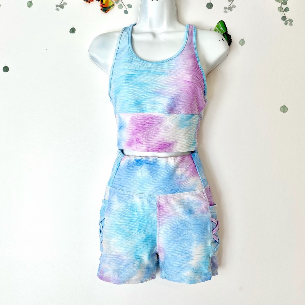 Blue Watercolor Tie Dye Athleisure Set S Women’s Sports Bra & High Waist Shorts
